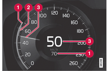 Volvo XC60. Displaydarstellung der adaptiven Geschwindigkeitsregelung